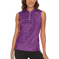 Hawaiian Turtle and Shark Women Sleeveless Polo Shirt Kakau Tribal with Polynesian Pattern Pink Color