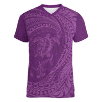 Hawaiian Turtle and Shark Women V-Neck T-Shirt Kakau Tribal with Polynesian Pattern Pink Color