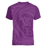 Hawaiian Turtle and Shark Women V-Neck T-Shirt Kakau Tribal with Polynesian Pattern Pink Color