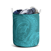 Hawaiian Turtle and Shark Laundry Basket Kakau Tribal with Polynesian Pattern Turquoise Color