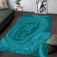 Hawaiian Turtle and Shark Area Rug Kakau Tribal with Polynesian Pattern Turquoise Color