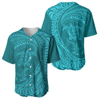 Hawaiian Turtle and Shark Baseball Jersey Kakau Tribal with Polynesian Pattern Turquoise Color