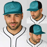 Hawaiian Turtle and Shark Baseball Net Cap Kakau Tribal with Polynesian Pattern Turquoise Color