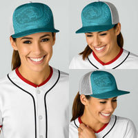 Hawaiian Turtle and Shark Baseball Net Cap Kakau Tribal with Polynesian Pattern Turquoise Color