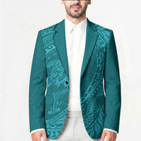 Hawaiian Turtle and Shark Blazer Kakau Tribal with Polynesian Pattern Turquoise Color