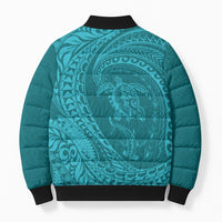 Hawaiian Turtle and Shark Bomber Puffer Jacket Kakau Tribal with Polynesian Pattern Turquoise Color