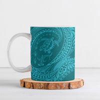 Hawaiian Turtle and Shark Ceramic Mug Kakau Tribal with Polynesian Pattern Turquoise Color