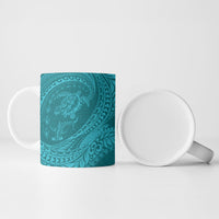 Hawaiian Turtle and Shark Ceramic Mug Kakau Tribal with Polynesian Pattern Turquoise Color