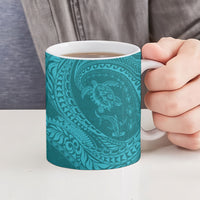 Hawaiian Turtle and Shark Ceramic Mug Kakau Tribal with Polynesian Pattern Turquoise Color