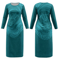 Hawaiian Turtle and Shark Couples Matching Long Sleeve Bodycon Dress and Long Sleeve Button Shirt Kakau Tribal with Polynesian Pattern Turquoise Color