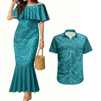 Hawaiian Turtle and Shark Couples Matching Mermaid Dress and Hawaiian Shirt Kakau Tribal with Polynesian Pattern Turquoise Color