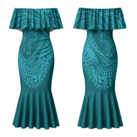 Hawaiian Turtle and Shark Couples Matching Mermaid Dress and Hawaiian Shirt Kakau Tribal with Polynesian Pattern Turquoise Color