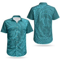 Hawaiian Turtle and Shark Couples Matching Off Shoulder Maxi Dress and Hawaiian Shirt Kakau Tribal with Polynesian Pattern Turquoise Color