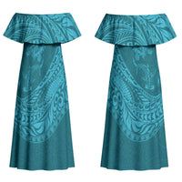 Hawaiian Turtle and Shark Couples Matching Off Shoulder Maxi Dress and Hawaiian Shirt Kakau Tribal with Polynesian Pattern Turquoise Color