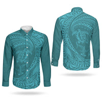 Hawaiian Turtle and Shark Couples Matching Off Shoulder Maxi Dress and Long Sleeve Button Shirt Kakau Tribal with Polynesian Pattern Turquoise Color