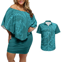 Hawaiian Turtle and Shark Couples Matching Off Shoulder Short Dress and Hawaiian Shirt Kakau Tribal with Polynesian Pattern Turquoise Color
