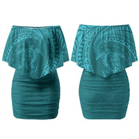 Hawaiian Turtle and Shark Couples Matching Off Shoulder Short Dress and Hawaiian Shirt Kakau Tribal with Polynesian Pattern Turquoise Color