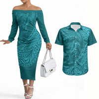 Hawaiian Turtle and Shark Couples Matching Off The Shoulder Long Sleeve Dress and Hawaiian Shirt Kakau Tribal with Polynesian Pattern Turquoise Color