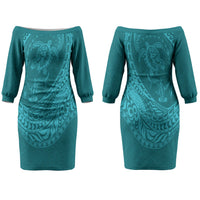 Hawaiian Turtle and Shark Couples Matching Off The Shoulder Long Sleeve Dress and Hawaiian Shirt Kakau Tribal with Polynesian Pattern Turquoise Color