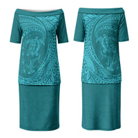 Hawaiian Turtle and Shark Couples Matching Puletasi and Hawaiian Shirt Kakau Tribal with Polynesian Pattern Turquoise Color