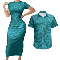 Hawaiian Turtle and Shark Couples Matching Short Sleeve Bodycon Dress and Hawaiian Shirt Kakau Tribal with Polynesian Pattern Turquoise Color