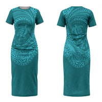 Hawaiian Turtle and Shark Couples Matching Short Sleeve Bodycon Dress and Hawaiian Shirt Kakau Tribal with Polynesian Pattern Turquoise Color