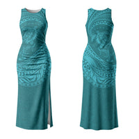 Hawaiian Turtle and Shark Couples Matching Tank Maxi Dress and Hawaiian Shirt Kakau Tribal with Polynesian Pattern Turquoise Color