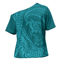 Hawaiian Turtle and Shark Cross Shoulder Shirt Kakau Tribal with Polynesian Pattern Turquoise Color