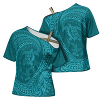 Hawaiian Turtle and Shark Cross Shoulder Shirt Kakau Tribal with Polynesian Pattern Turquoise Color