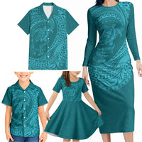 Hawaiian Turtle and Shark Family Matching Long Sleeve Bodycon Dress and Hawaiian Shirt Kakau Tribal with Polynesian Pattern Turquoise Color