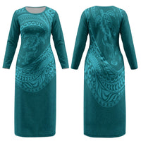 Hawaiian Turtle and Shark Family Matching Long Sleeve Bodycon Dress and Hawaiian Shirt Kakau Tribal with Polynesian Pattern Turquoise Color