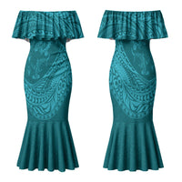 Hawaiian Turtle and Shark Family Matching Mermaid Dress and Hawaiian Shirt Kakau Tribal with Polynesian Pattern Turquoise Color