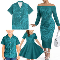 Hawaiian Turtle and Shark Family Matching Off The Shoulder Long Sleeve Dress and Hawaiian Shirt Kakau Tribal with Polynesian Pattern Turquoise Color