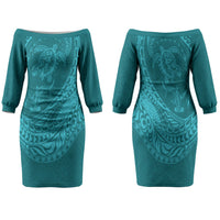 Hawaiian Turtle and Shark Family Matching Off The Shoulder Long Sleeve Dress and Hawaiian Shirt Kakau Tribal with Polynesian Pattern Turquoise Color