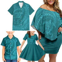 Hawaiian Turtle and Shark Family Matching Off Shoulder Short Dress and Hawaiian Shirt Kakau Tribal with Polynesian Pattern Turquoise Color