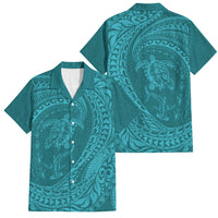 Hawaiian Turtle and Shark Family Matching Puletasi and Hawaiian Shirt Kakau Tribal with Polynesian Pattern Turquoise Color