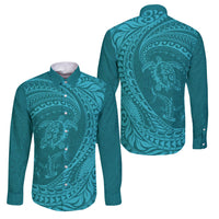 Hawaiian Turtle and Shark Family Matching Puletasi and Hawaiian Shirt Kakau Tribal with Polynesian Pattern Turquoise Color