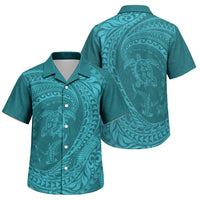 Hawaiian Turtle and Shark Family Matching Puletasi and Hawaiian Shirt Kakau Tribal with Polynesian Pattern Turquoise Color