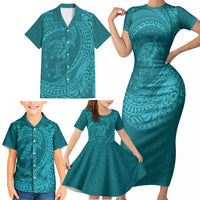 Hawaiian Turtle and Shark Family Matching Short Sleeve Bodycon Dress and Hawaiian Shirt Kakau Tribal with Polynesian Pattern Turquoise Color