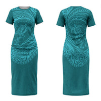 Hawaiian Turtle and Shark Family Matching Short Sleeve Bodycon Dress and Hawaiian Shirt Kakau Tribal with Polynesian Pattern Turquoise Color