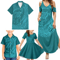 Hawaiian Turtle and Shark Family Matching Summer Maxi Dress and Hawaiian Shirt Kakau Tribal with Polynesian Pattern Turquoise Color