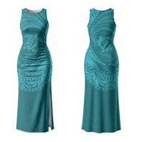 Hawaiian Turtle and Shark Family Matching Tank Maxi Dress and Hawaiian Shirt Kakau Tribal with Polynesian Pattern Turquoise Color