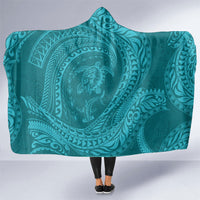 Hawaiian Turtle and Shark Hooded Blanket Kakau Tribal with Polynesian Pattern Turquoise Color