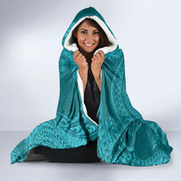 Hawaiian Turtle and Shark Hooded Blanket Kakau Tribal with Polynesian Pattern Turquoise Color