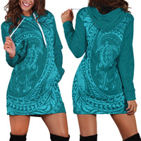 Hawaiian Turtle and Shark Hoodie Dress Kakau Tribal with Polynesian Pattern Turquoise Color