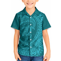 Hawaiian Turtle and Shark Kid Hawaiian Shirt Kakau Tribal with Polynesian Pattern Turquoise Color