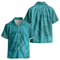 Hawaiian Turtle and Shark Kid Hawaiian Shirt Kakau Tribal with Polynesian Pattern Turquoise Color
