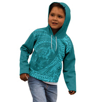 Hawaiian Turtle and Shark Kid Hoodie Kakau Tribal with Polynesian Pattern Turquoise Color