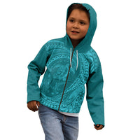 Hawaiian Turtle and Shark Kid Hoodie Kakau Tribal with Polynesian Pattern Turquoise Color