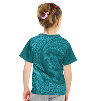 Hawaiian Turtle and Shark Kid T Shirt Kakau Tribal with Polynesian Pattern Turquoise Color